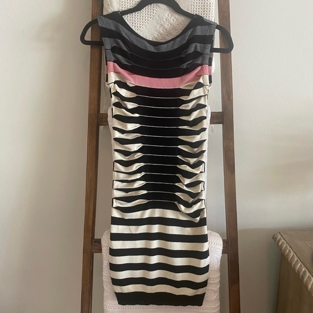 Ted Baker cream, black, grey & pink striped cinched accented knit mini dress